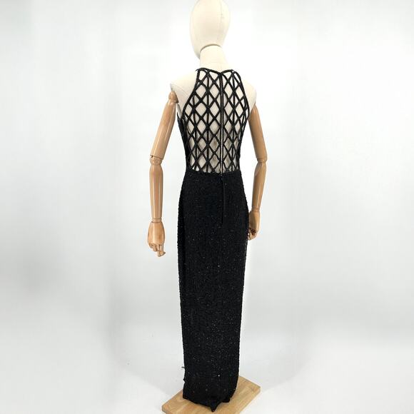 Vintage Y2K Scala Black Beaded Open Back Lattice Evening Gown - Picture 1 of 11